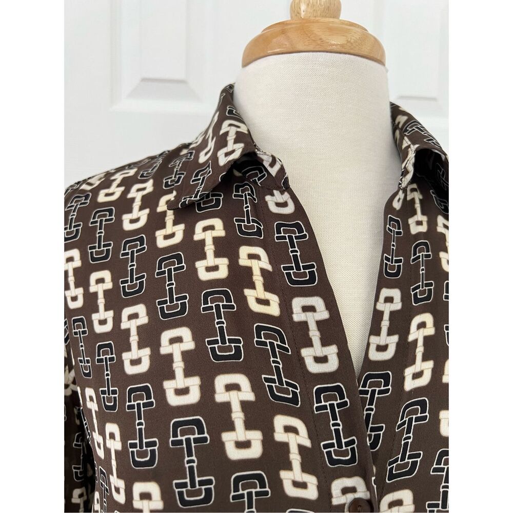L'Agence Nina Horsebit Brown Ivory Buckle Print Button-Up Silk Blouse Size XS - Picture 2 of 9